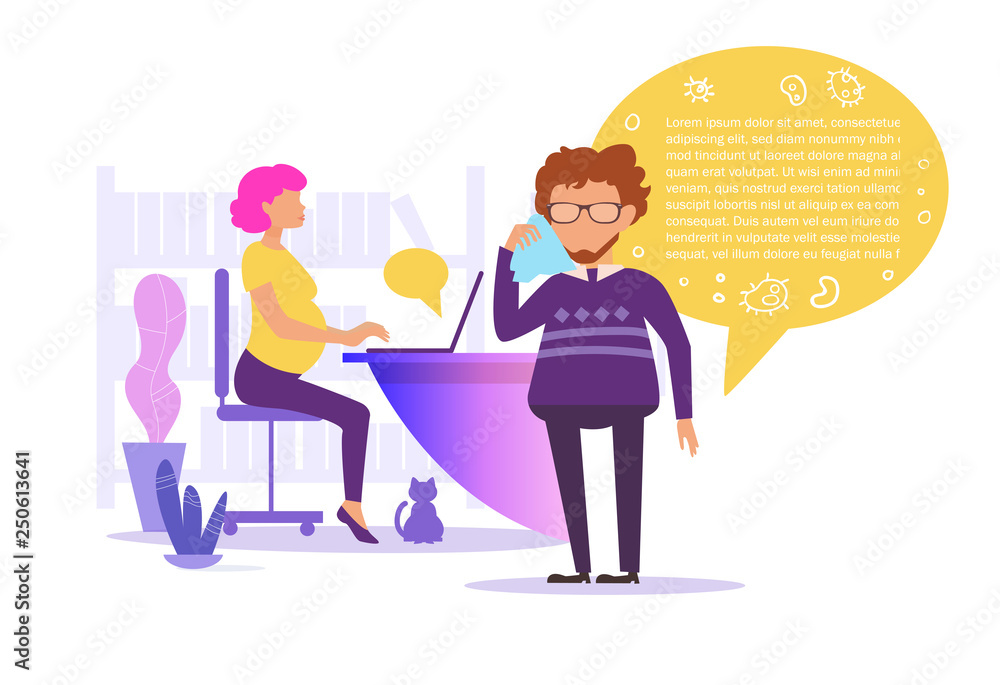 Man coughs next to pregnant woman, office Vector. Cartoon. Isolated art on white background. Man coughs next to pregnant woman, office Vector. Cartoon. Isolated art on white background.