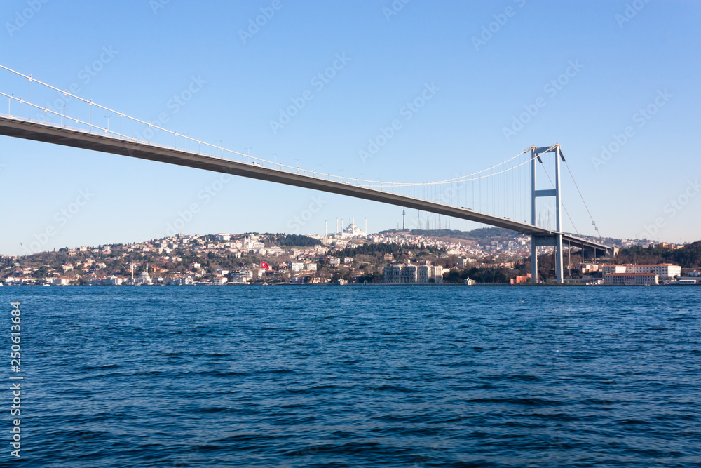A tourist ship sails through the Bosphorus. Istanbul, Turkey. View of the city. Tourism and travel.