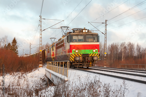 Cargo train at winter morning in Finland