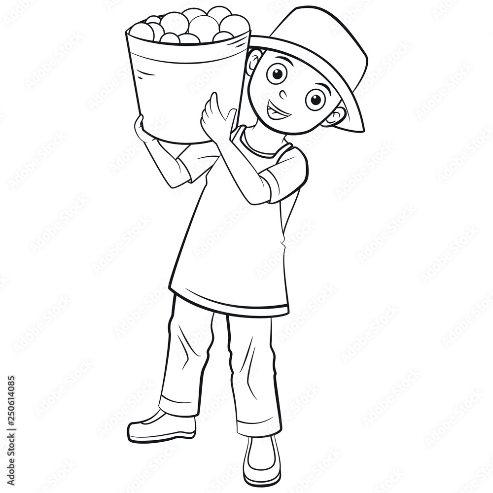 Cartoon child shouldering a bucket of oranges in farmer uniform Cartoon child shouldering a bucket of oranges in farmer uniform