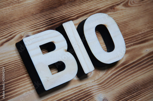 BIO word made with building blocks on wooden board.