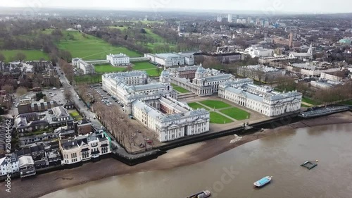 Aerial bird's eye view video taken by drone of Greenwich park with views to Canary Wharf, Isle of Dogs, London, United Kingdom photo