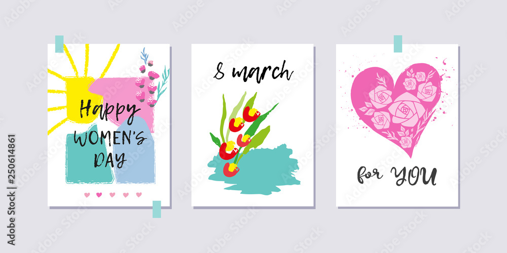 Happy women's day. Set of International Women's day greeting cards. Brush lettering. Hand drawn elements, flowers. Simple style. Collection of 8 march poscards with greeting tags. Hand written text.