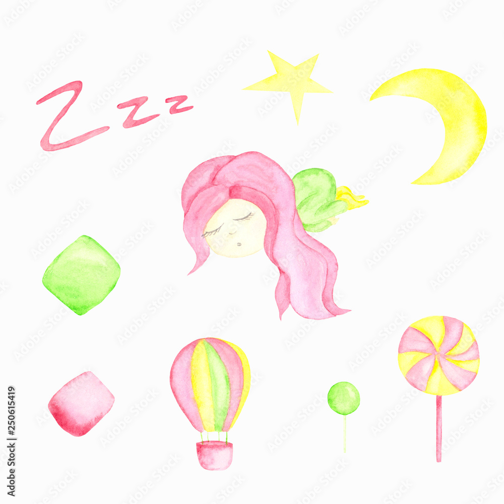 watercolor set with sleeping girl with pink hair in pajamas, month, star, balloon, sweaters, pillows