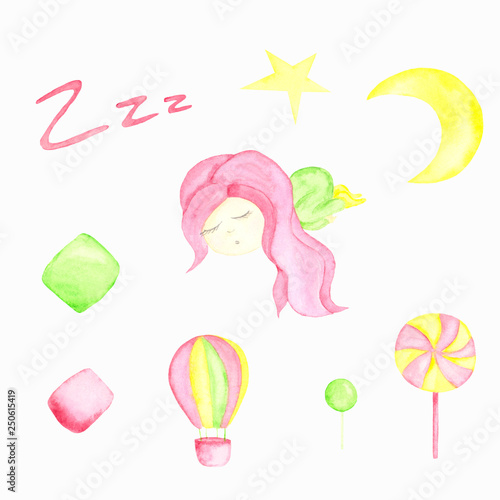 watercolor set with sleeping girl with pink hair in pajamas, month, star, balloon, sweaters, pillows