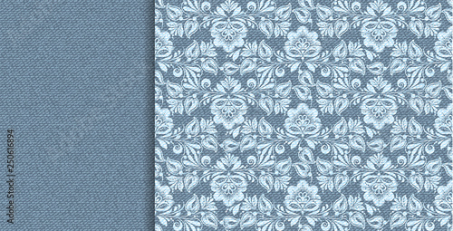 Denim vector floral lace in indigo abstract style on blue background. Decorative floral seamless pattern. Textile design texture. Vector vintage illustration. Grunge background. Art illustration.