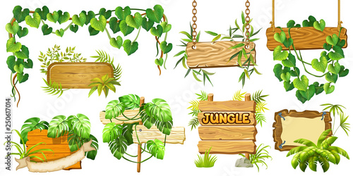 Set game wooden boards and branches liana and tropical leaves. Isolated gui elements plants of jungle and cartoon panels with space for text . Vector illustration on white background.