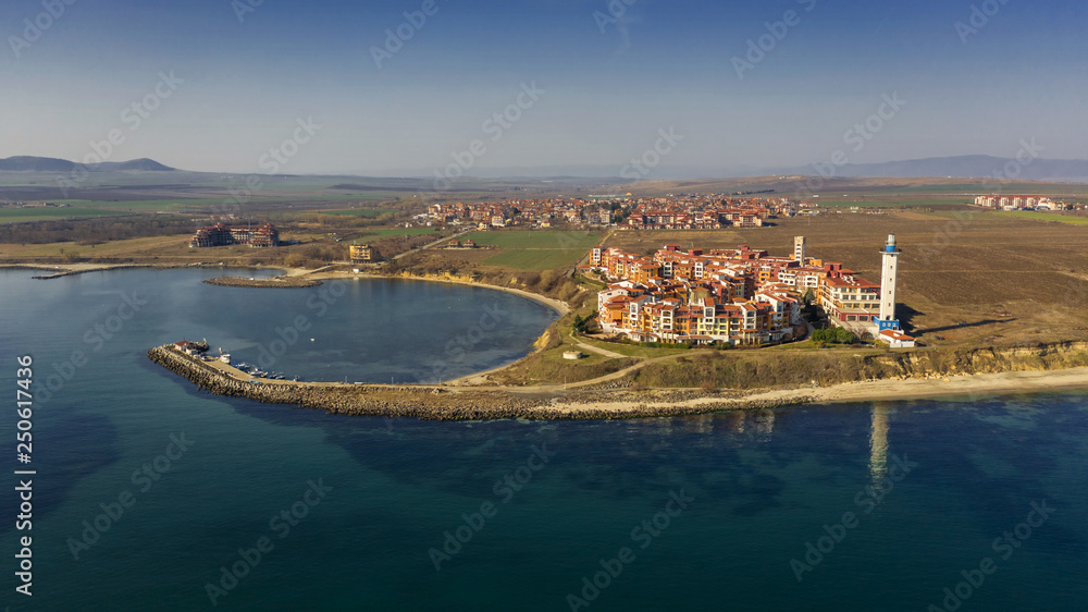 Aerial view into sea resort Aheloy on the Bulgarian Black Sea coast