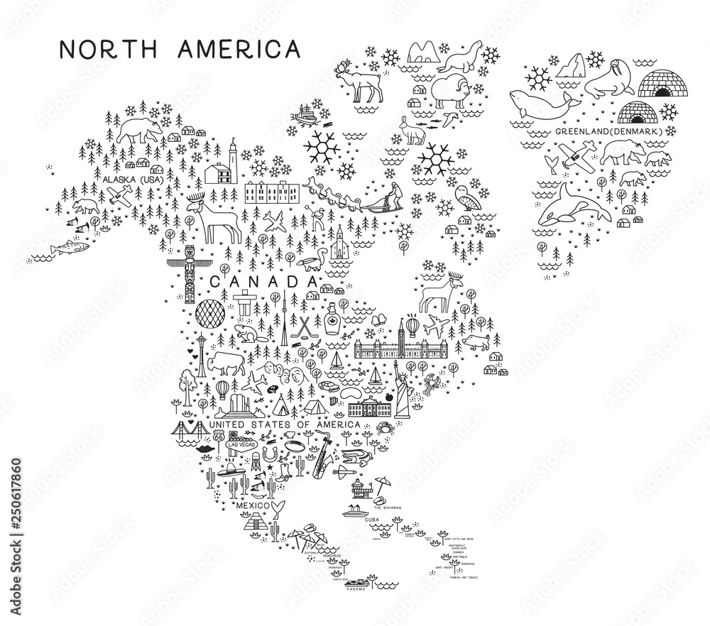 Fototapeta North America Travel Line Icons Map. Travel Poster with animals and sightseeing attractions. Inspirational Vector Illustration.