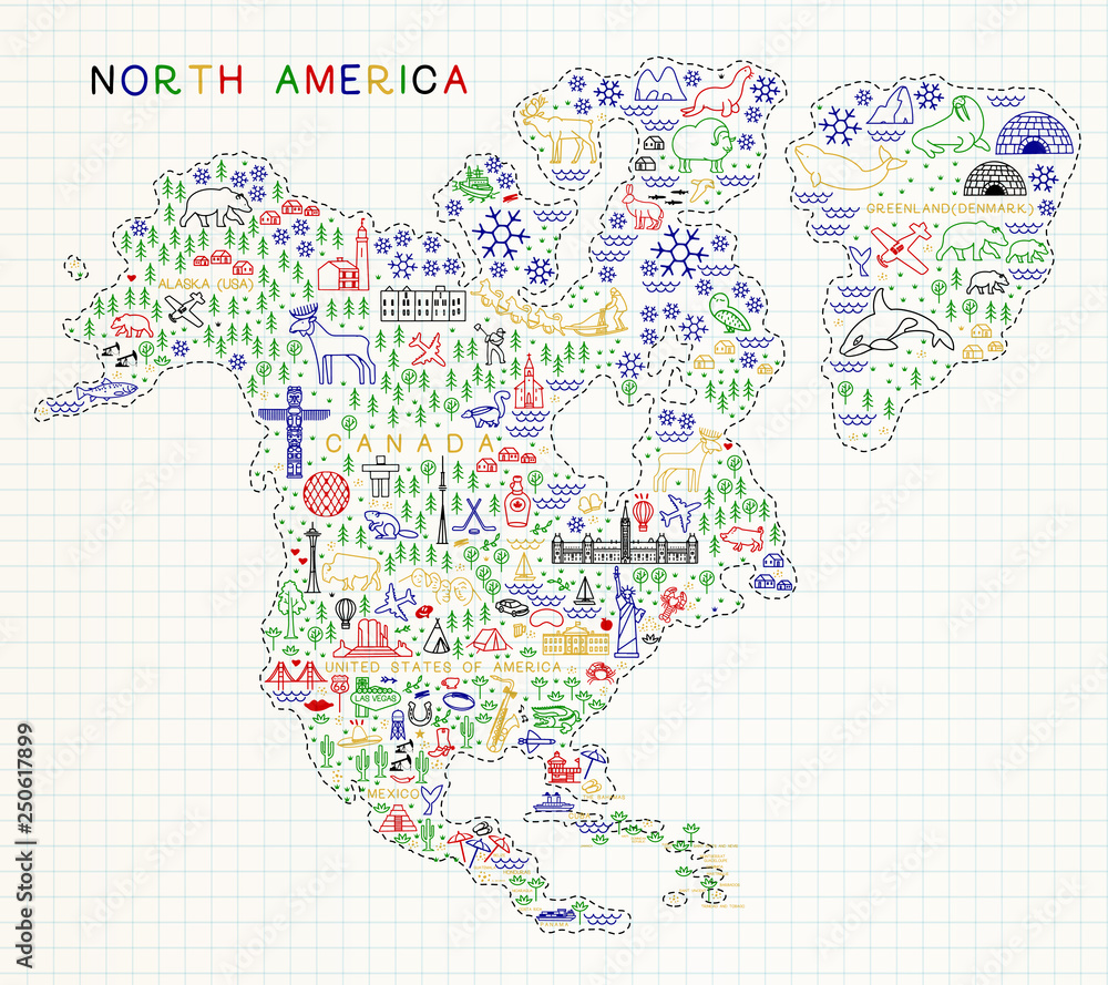 Naklejka premium North America Travel Line Icons Map. Travel Poster with animals and sightseeing attractions. Inspirational Vector Illustration.