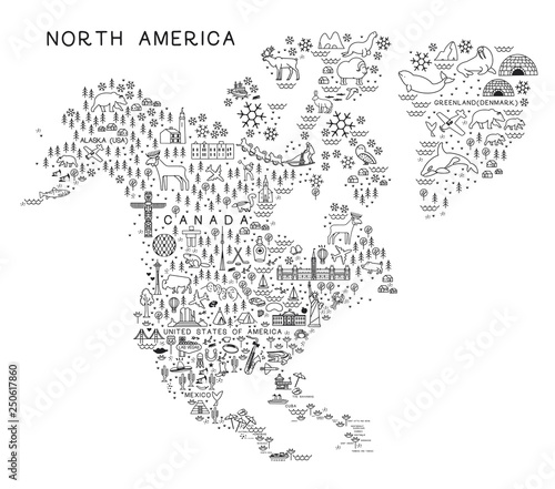North America Travel Line Icons Map. Travel Poster with animals and sightseeing attractions. Inspirational Vector Illustration.
