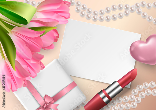 Bright banner with 3d realistic women's accessories pearl necklace, lipstick, gift box and flowers tulips. Concept design greeting cards, banners, posters. Background with copy space. Vector.