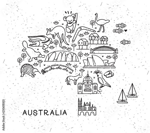 Australia Travel Line Icons Map. Travel Poster with animals and sightseeing attractions. Inspirational Vector Illustration.