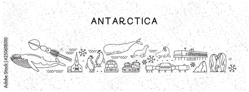 World Travel Line Icons Antarctica Map. Travel Poster with animals and sightseeing attractions. Inspirational Vector Illustration.