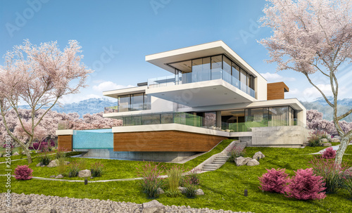 3d rendering of modern house by the river in spring
