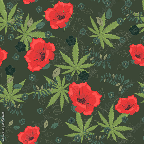 Cannabis leaves with flowers pattern. Marijuana and flowers pattern. Cannabis pattern. Vector illustration.