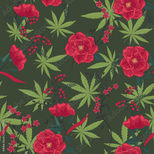 Cannabis leaves with flowers pattern. Marijuana and flowers pattern. Cannabis pattern. Vector illustration.