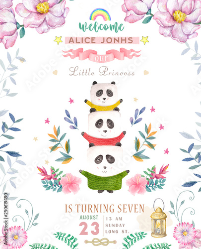 Cute happy birthday card with cartoon Panda. Watercolor panda clip art and beauty boho pink flowers  floral. lamp light and leaf for greeting card on white background