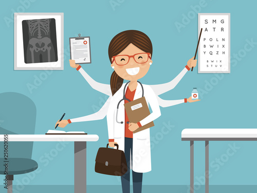 Multitasking busy female doctor smiling. Professional standing in the hospital
