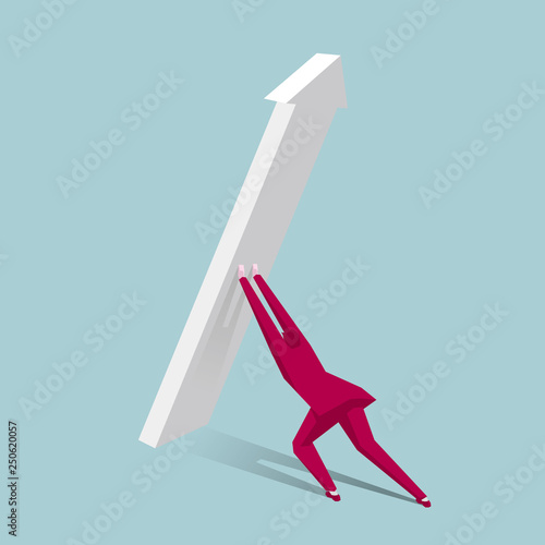 Businessman pushing arrow symbol. Isolated on blue background.