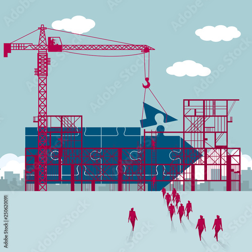A group of businessmen walked to the building site. A puzzle arrow is being made.