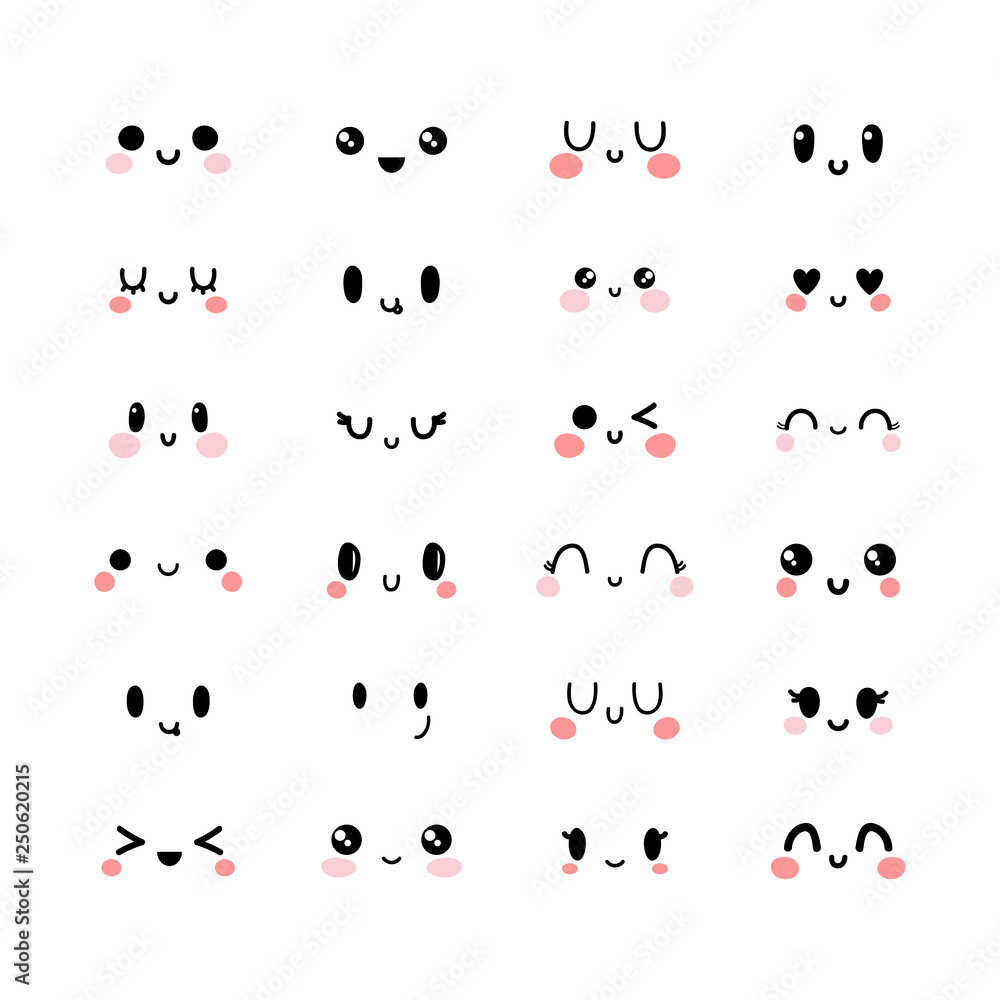 Emotional cute faces in kawaii style. Happy feelings. Emoji icons ...