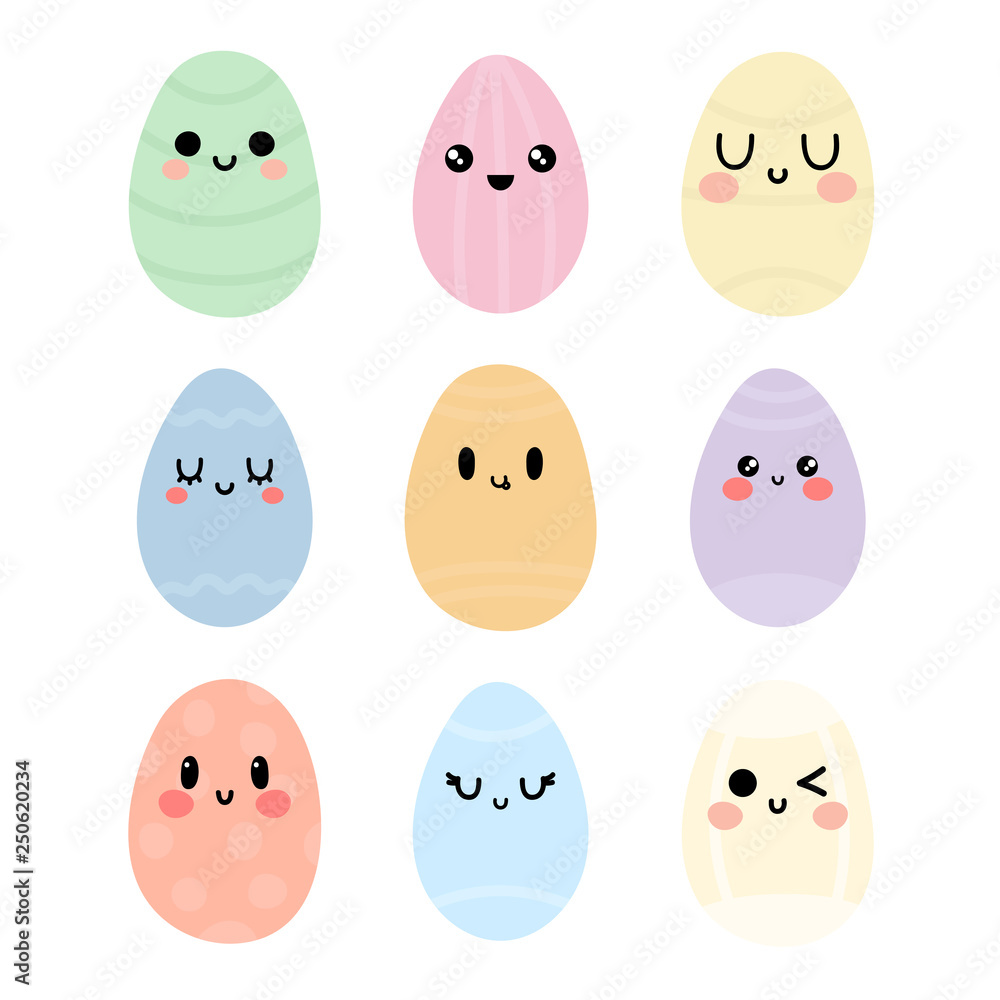 Funny happy eggs in kawaii style. Cute cartoon characters. Creative hand drawn eggs with different emotions. Bright vector set of Easter icons Funny happy eggs in kawaii style. Cute cartoon characters. Creative hand drawn eggs with different emotions. Bright vector set of Easter icons