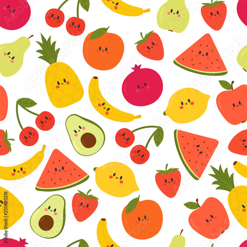 Cute seamless pattern with cartoon fruits. Kawaii. Creative healthy background. Modern stylish texture. Great for fabric, textile, wrapping