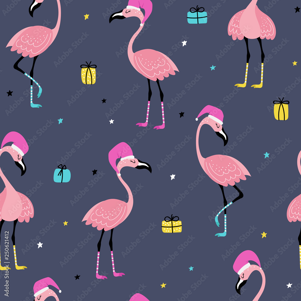 Obraz premium Cute flamingo in red hat background