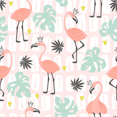 Fototapete Dschungelmuster fürs Kinderzimmer Tropisches Flamingo Muster in Pastell  © rosypatterns