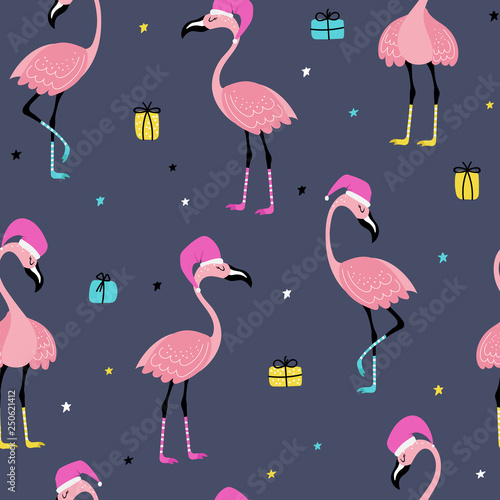 Cute flamingo in red hat background