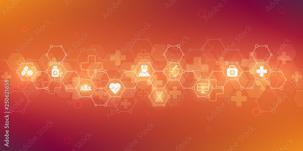 Healthcare and medical background with flat icons and symbols. Science, medicine and innovation technology concept.