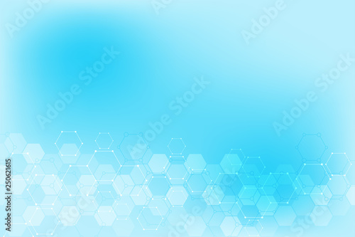 Abstract technical background with hexagons pattern and molecular structures. Background texture for medical  science and technology design.