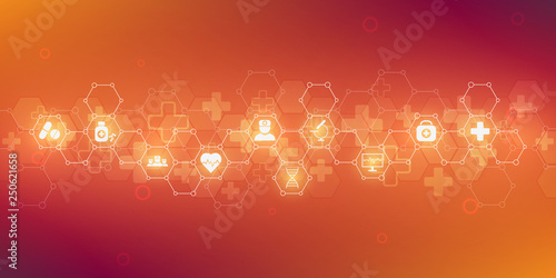 Healthcare and medical background with flat icons and symbols. Science, medicine and innovation technology concept.