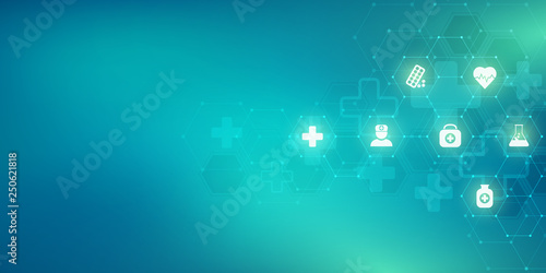 Healthcare and medical background with flat icons and symbols. Science, medicine and innovation technology concept.