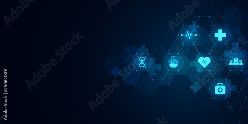 Healthcare and medical background with flat icons and symbols. Science, medicine and innovation technology concept.