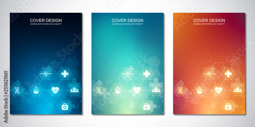 Template brochure or cover with medical icons and symbols. Healthcare, science and innovation technology concept.