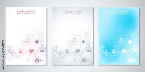 Template brochure or cover with medical icons and symbols. Healthcare, science and innovation technology concept. © berCheck