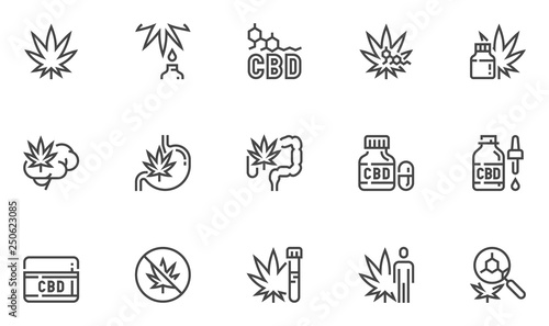 Cannabidiol Vector Line Icons Set. CBD, Cannabis, Hemp Oil. Editable Stroke. 48x48 Pixel Perfect.