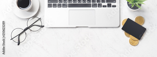 Business, accounting and payment concept financial information isolated on a modern marble office table, mock up, top view, copy space, flat lay, lifestyle, close up