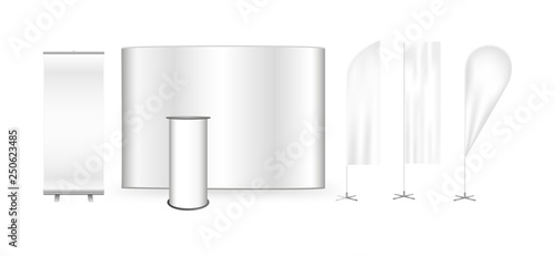 Vector exhibition promo POS set. Flat pop up trade show stand display, promotion retail counter or bar rounded table, roll up banner and feather advertising promo beach bow flags isolated on white.
