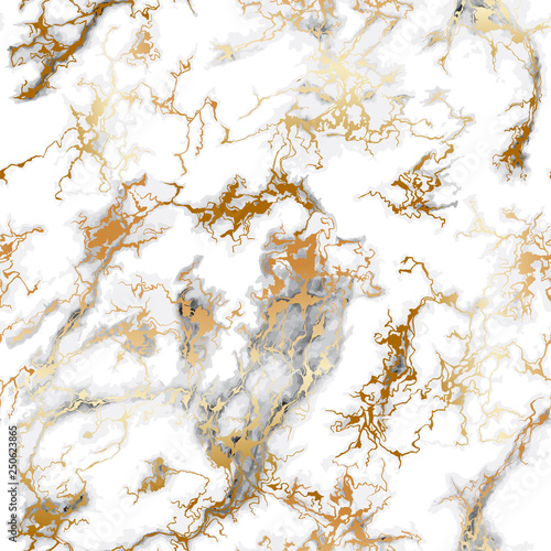 Seamless gray marble pattern with gold veins. Luxury stone texture on white background