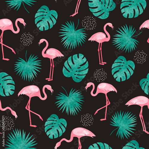 Seamless summer tropical pattern with watercolor flamingo and palm leaves.