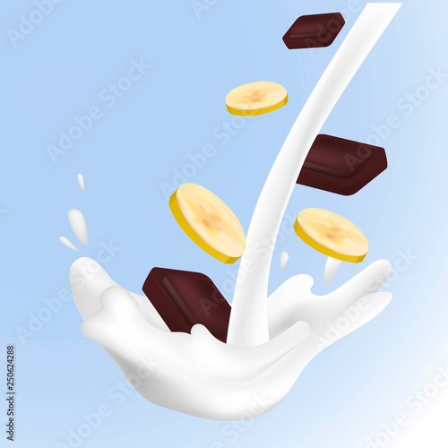 Realistic banana and choco sweet milk splashes.