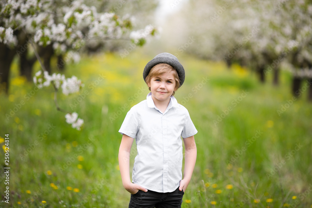 Portrait of a blonde boy with gray classic hat near the branch of white blossom cherry in the flowering garden Portrait of a blonde boy with gray classic hat near the branch of white blossom cherry in the flowering garden