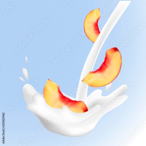 Realistic vector illustration peach sweet milk splashes.
