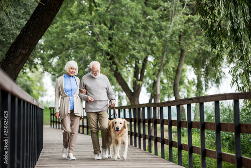 senior couple walking across wooden bridge with dog on leash