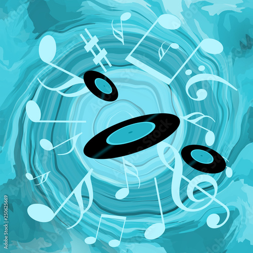 Vinyl records and musical notes inside huge ocean wave background