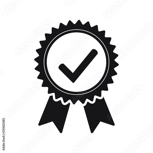 Quality check ribbon icon. Vector product certified or best choice recommended award and warranty check approved certificate mark label