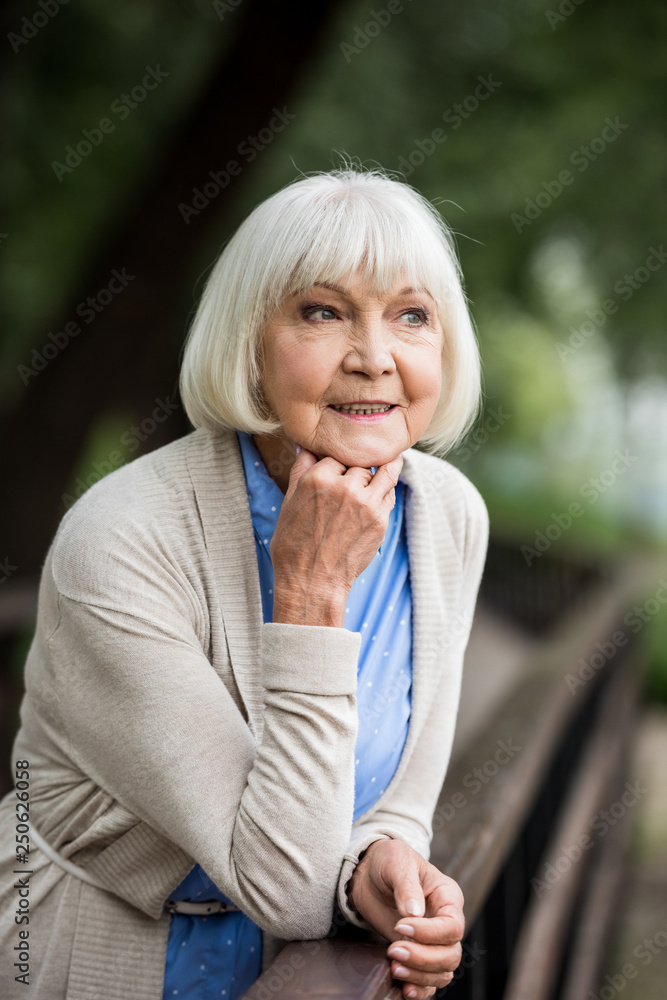 selective focus of senior woman leaning on wooden bridge railing and looking away selective focus of senior woman leaning on wooden bridge railing and looking away